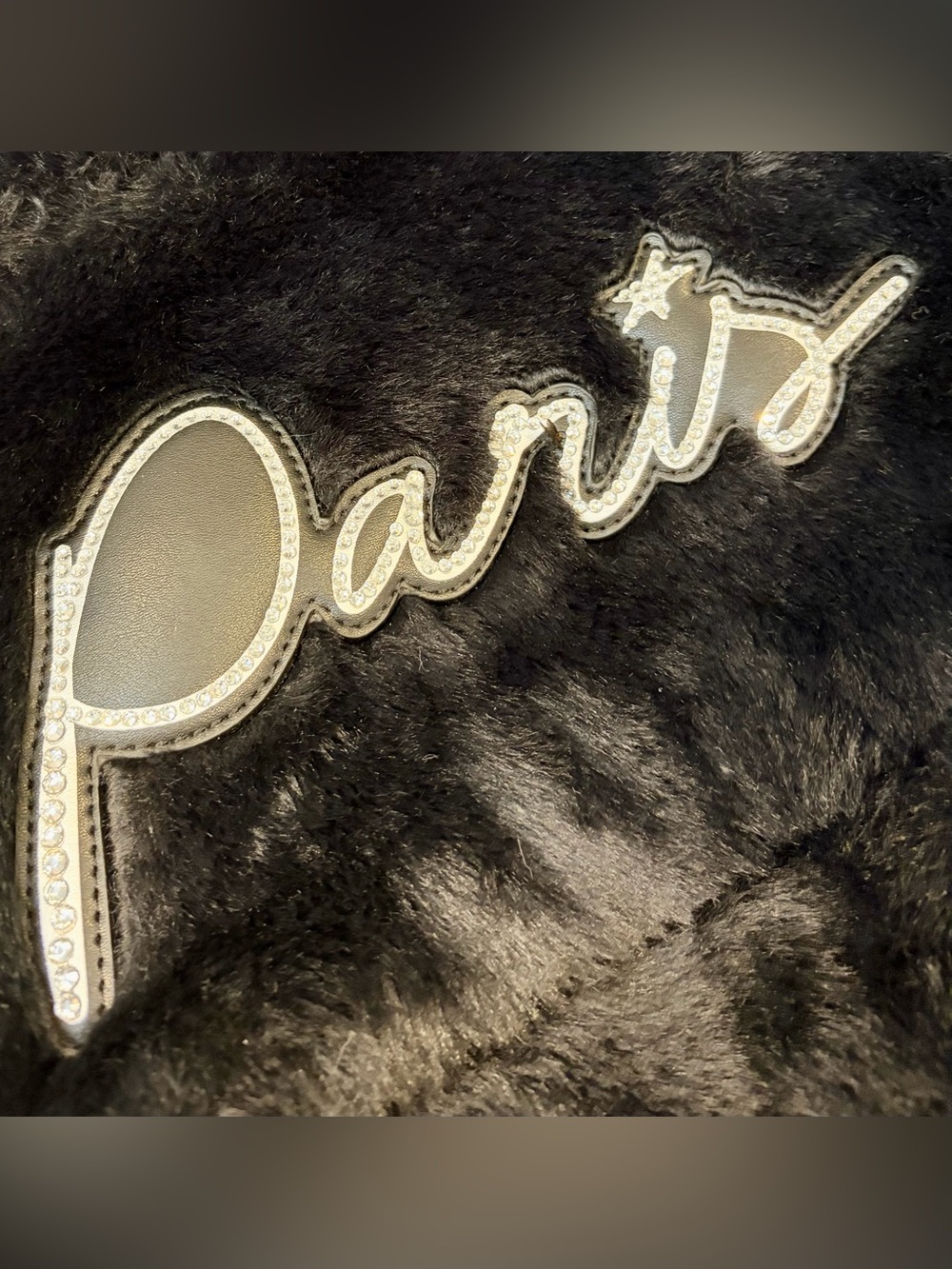 NWT PARIS HILTON Black Faux Fur Shoulder Bag with Rhinestone Script Logo - Picture 4 of 6